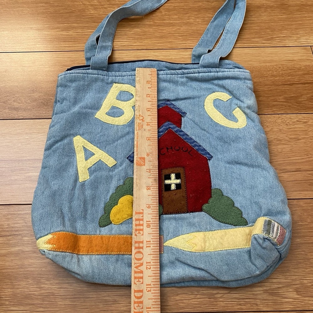 Vintage Denim Tote ABC School Bag Blue Patchwork - Picture 2 of 6